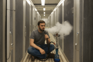 Mann raucht eine Shisha, auch Wasserpfeife genannt, im Rechenzentrum