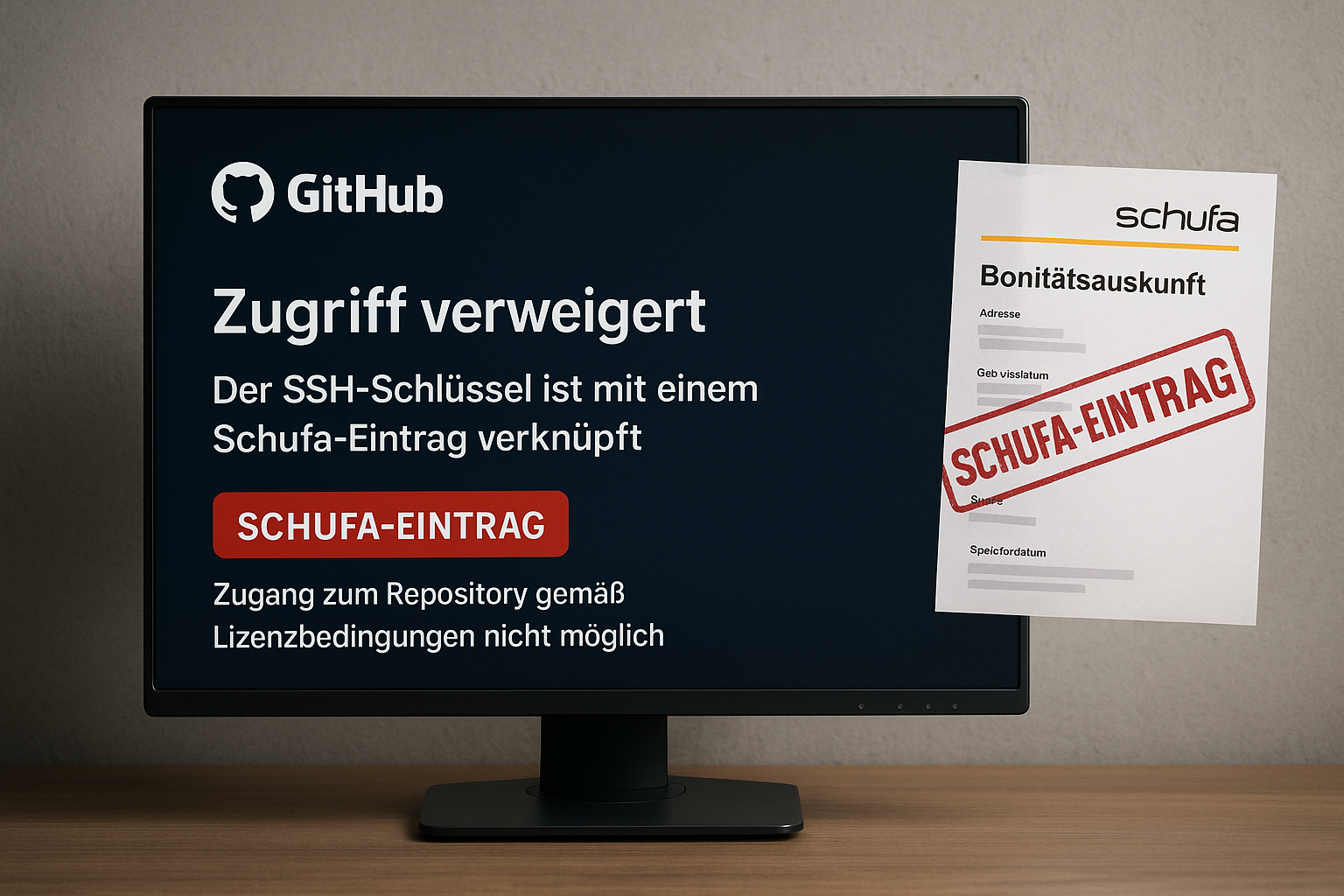 Ein Computermonitor zeigt eine GitHub-Fehlermeldung mit dem Hinweis „Zugriff verweigert – Der SSH-Schlüssel ist mit einem Schufa-Eintrag verknüpft“. Daneben liegt ein offizielles Schufa-Dokument mit einem roten Stempel „SCHUFA-EINTRAG“.
